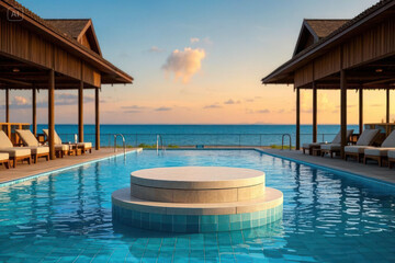 Podium stand in luxury swimming pool water with sea and sunset view. Summer background of tropical design product placement display. Hotel resort poolside backdrop.