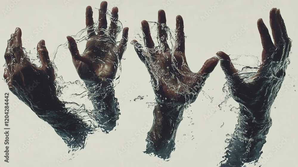 Poster hands emerging from water with reflective surface and dynamic movement