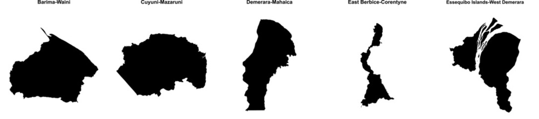 Barima-Waini, Cuyuni-Mazaruni, Demerara-Mahaica, East Berbice-Corentyne, Essequibo Islands-West Demerara outline maps