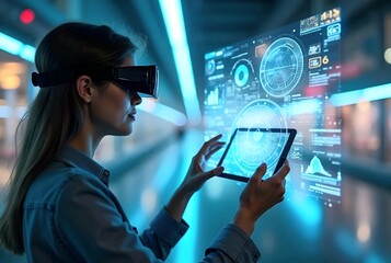 A person in a modern office using augmented reality (AR) through smart glasses, interacting with holographic interfaces displaying data, maps and 3D objects