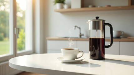 Morning coffee ritual a steaming cup of freshly brewed coffee on a sunlit table next to a French press, signifying a peaceful and relaxing start to the day