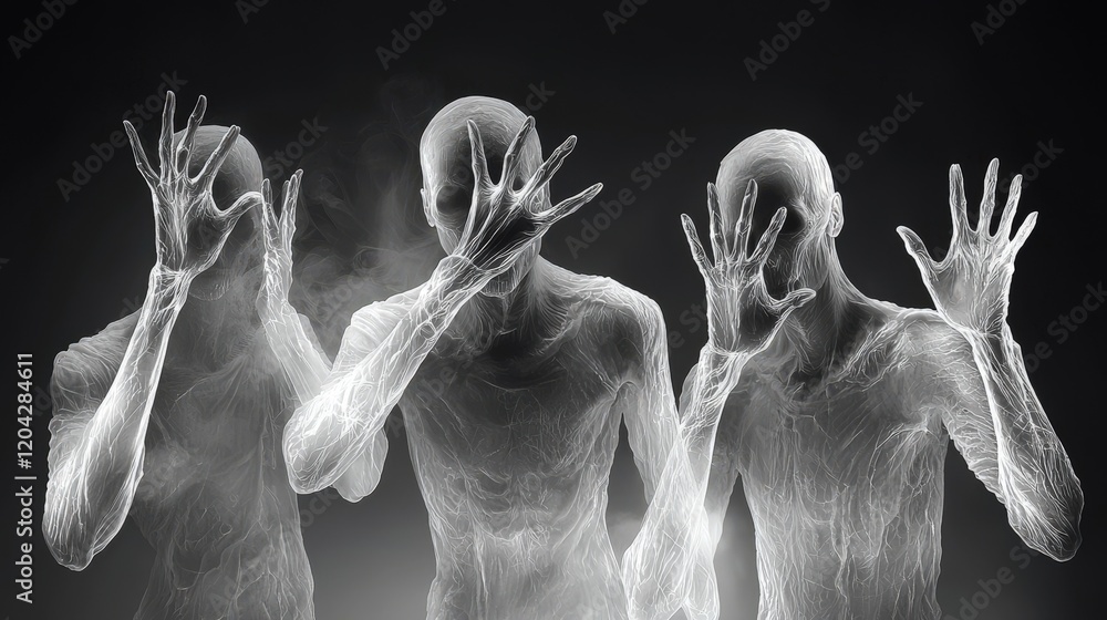 Poster three translucent ghosts with hands raised in front of dark background