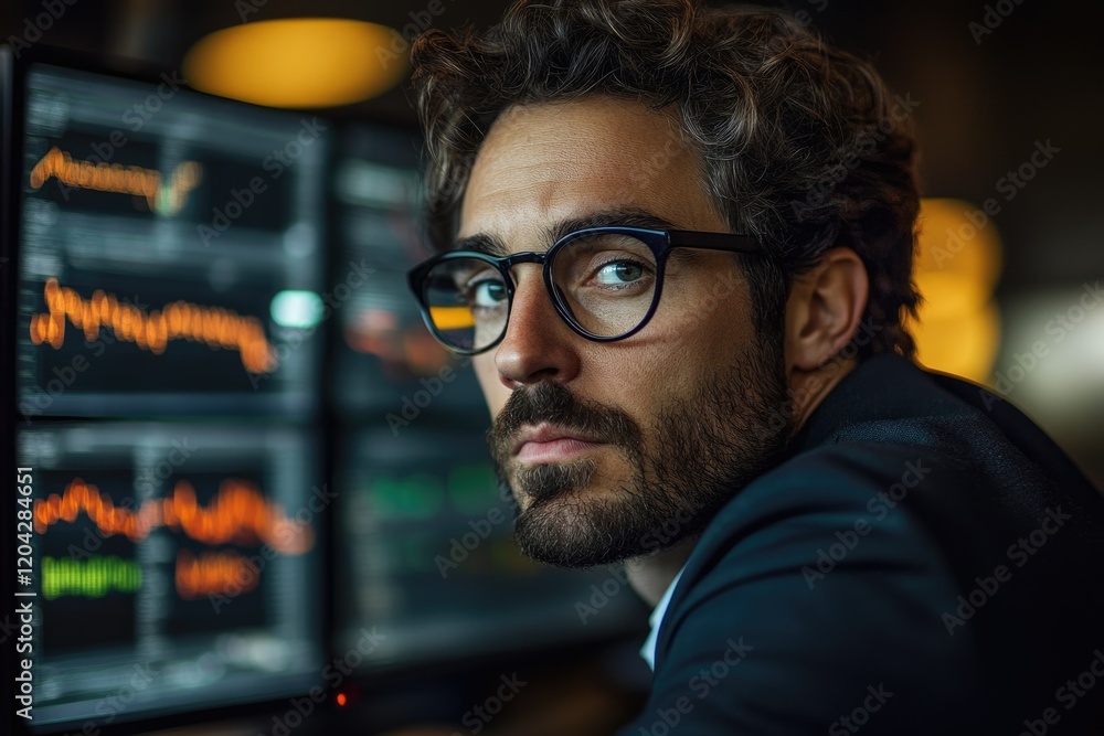 Poster focused businessman analyzing financial data on multiple screens, showcasing determination and exper