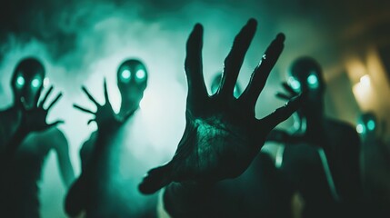 Mysterious aliens with glowing hands reaching out towards the camera