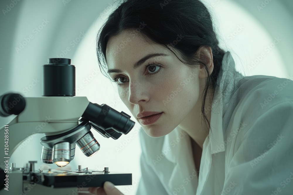 Poster a focused female scientist meticulously examines a sample under a high-powered microscope in a labor