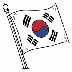 South Korea Flag: Trigrams and a red and blue circle on a white background.
