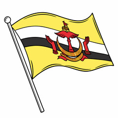Brunei Flag: Yellow background with a red crest in the center.
