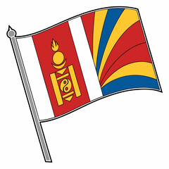 Mongolia Flag: Red, blue, and yellow vertical stripes with the state emblem.

