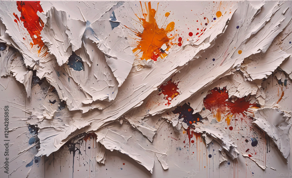 Aufkleber A painting of splatters of paint on a white background. The splatters are of different colors and sizes, creating a chaotic and abstract look