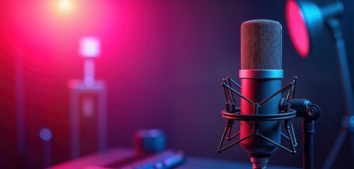 Energetic podcast studio background with vibrant colors. Modern tech equipment. Creative recording space. Stylish design. Pro audio recording setup. Innovative tech for broadcasting. Multimedia