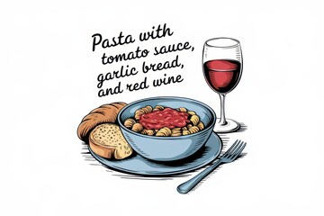 Pasta dish with tomato sauce garlic bread and red wine