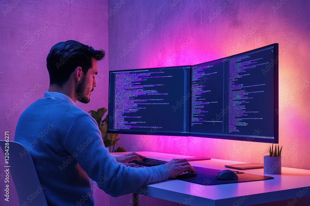 Fototapete A programmer works late at night, immersed in lines of code on dual monitors, illuminated by purple ambient lighting.