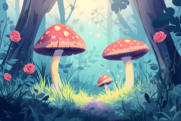 Enchanting Forest Path with Mushrooms and Wildflowers