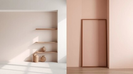 Interior of a shop, a modern bathroom, a contemporary store, or a stylish living room featuring a blank frame on the wall for copy space.