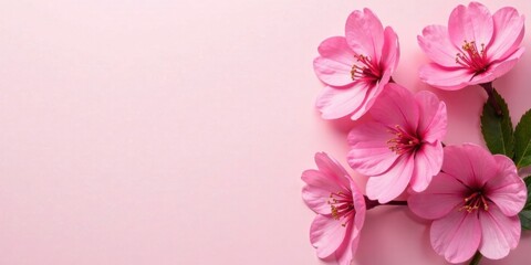 Fototapeta premium Delicate Pink Blossoms Arranged on a Soft Pink Background, Creating a Serene and Elegant Floral Display Perfect for Springtime Greetings or Feminine Designs