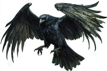 Naklejka premium Magpie displaying its wings in a striking pose against a minimalist white backdrop