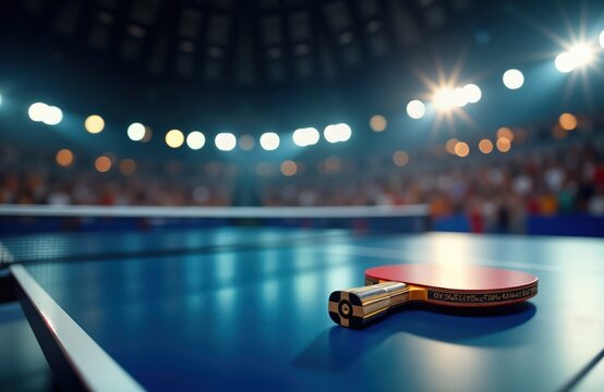 Indoor ping pong table in stadium. Wooden table with net. Blurry stadium background. Crowd visible. Athlete equipment. Game concept. Competition atmosphere. Potential use in sports magazine online