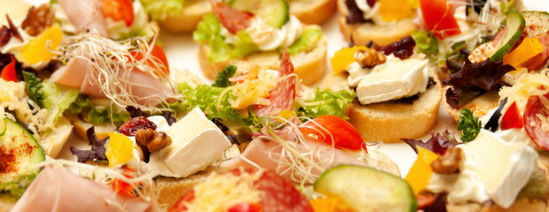 A variety of catering service small sandwiches, banner background colorful prepared food snacks closeup macro detail, delicious appetizer platter. Parties, conferences, events food simple concept