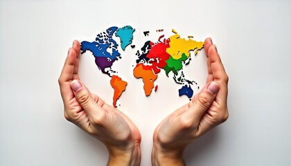 Two hands hold colourful world map puzzle. Hands protect, safeguard global map. Image shows global unity, connection. Visual representation of global teamwork, collaboration. Represents travel