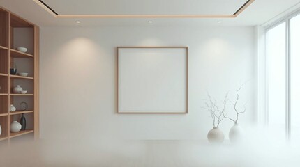 Interior of a shop, a modern bathroom, a contemporary store, or a stylish living room featuring a blank frame on the wall for copy space.