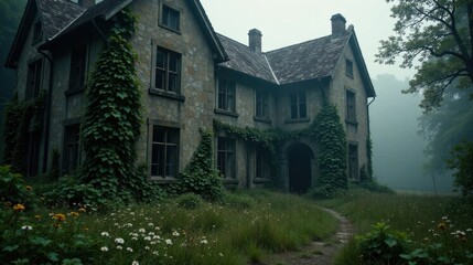 Fototapeta premium Enigmatic Stone Mansion, Overgrown with Verdant Vines, Beckons on a Misty Morning