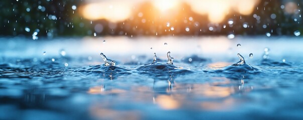 Raindrops splashing sunset water surface