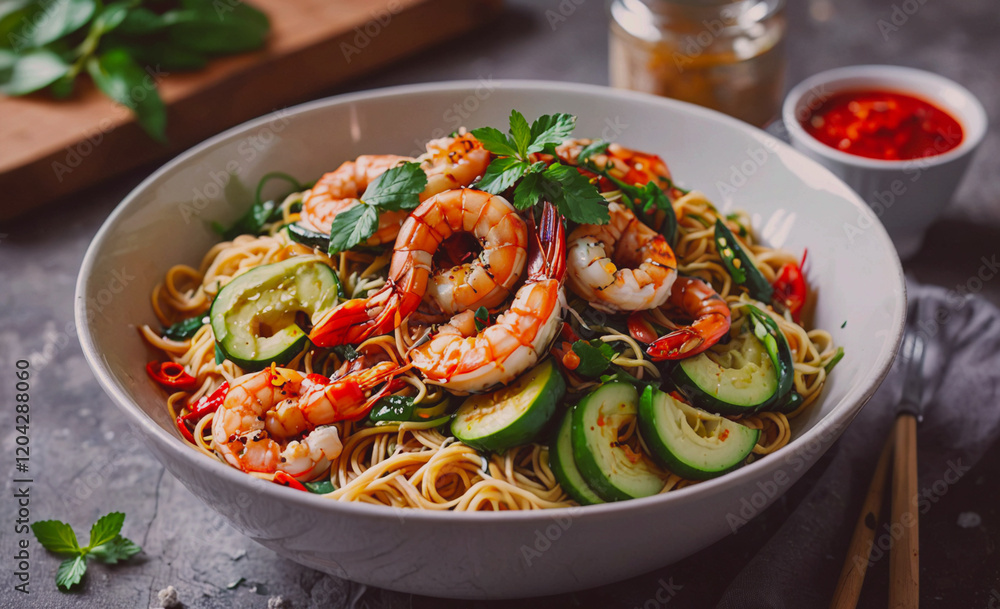 Poster a bowl of shrimp and vegetable pasta with a side of sauce. the dish is colorful and appetizing, with