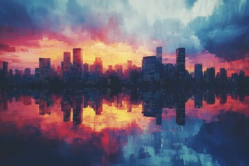 Fototapeta premium Majestic sunset over modern urban skyline reflecting in water creates a stunning visual experience with vibrant colors and dramatic clouds highlighting the cityscape in evening light