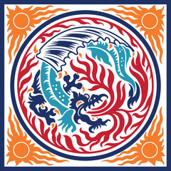 A round vector graphic illustration of a Chinese dragon representing the element of fire. 