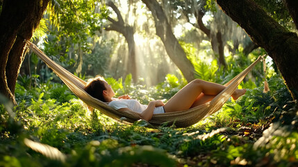 Woman lying in a hammock under trees with sun rays.