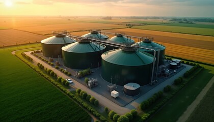 Rural biogas plant processes agricultural waste in fields. Green tanks, digesters surrounded by fields. Modern eco tech processes agricultural waste for biogas. Sunrise over rural countryside. Green