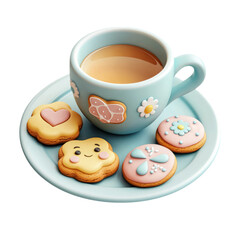 Cute Cookies and Cup of Tea on Plate with Transparent Background