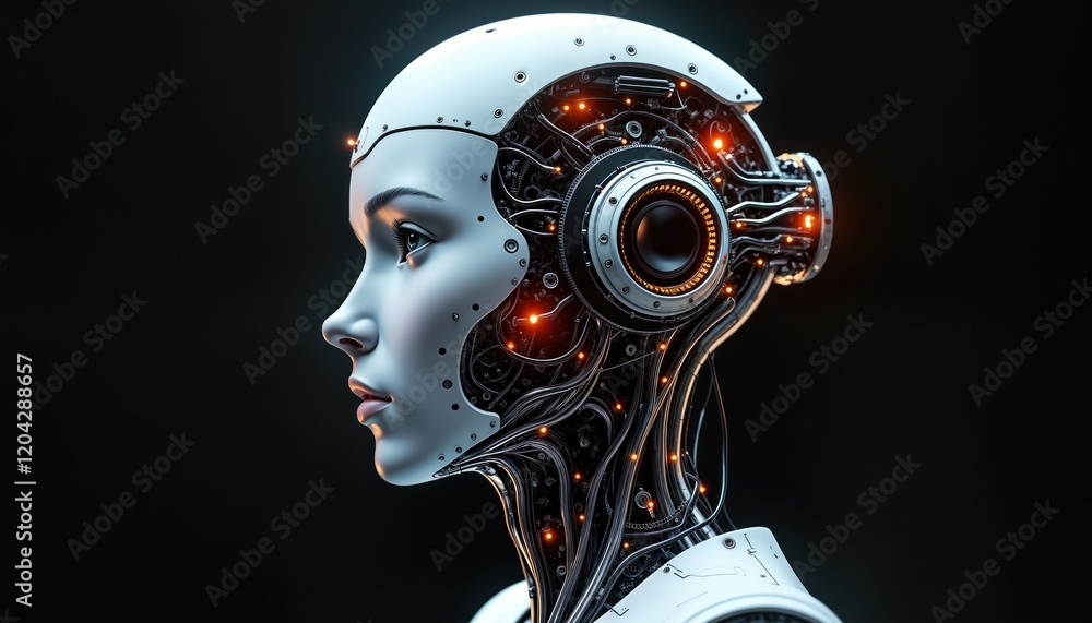 Poster female robot head profile. futuristic ai concept. visible internal tech components. advanced tech, s