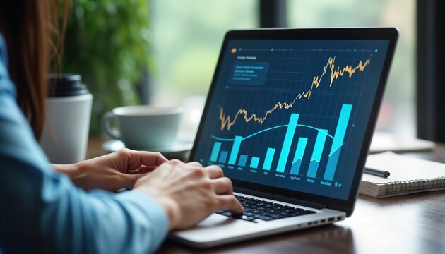 Woman looking at laptop screen displaying financial data graphs. Successful business data, sales growth, positive progress. Person works in office cafe. Tech savvy professional analyze investment