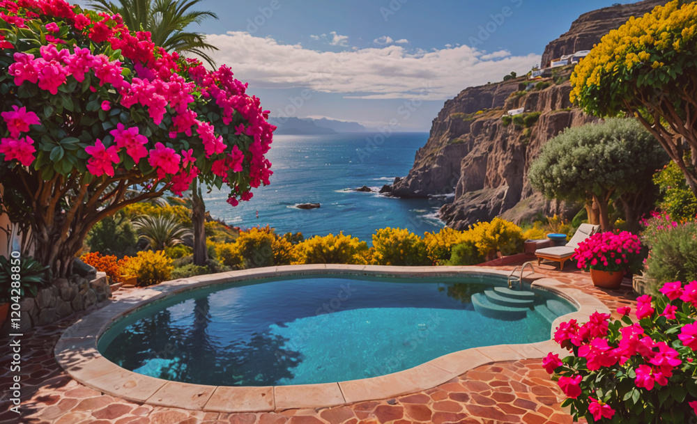 Aufkleber a beautiful garden with a pool and a view of the ocean. the pool is surrounded by flowers and plants