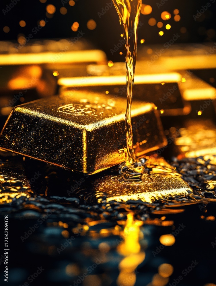 Poster Pouring liquid onto gold bars creating a stunning visual of luxury and wealth in a dimly lit environment. Generative AI