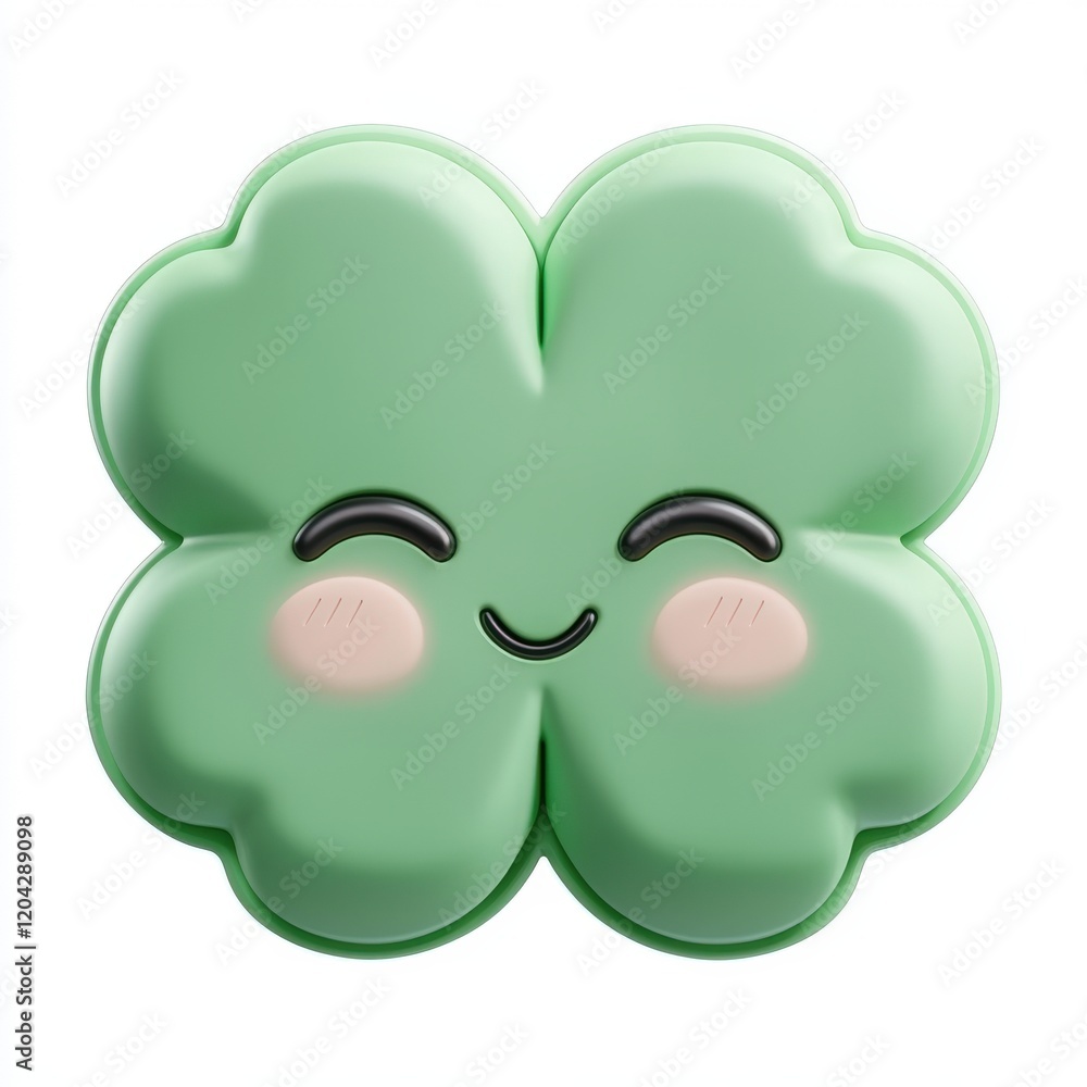 Poster cute green clover in kawaii style with simple design and cheerful expression