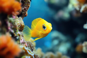 A tiny bright yellow fish peeking out from a coral crevice.