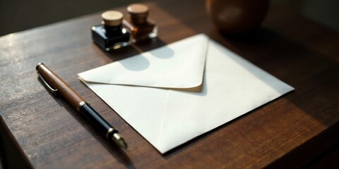 A Blank Envelope Awaits, Beside a Fountain Pen and Inkwells on a Dark Wood Surface, Ready for a Handwritten Note