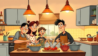 Happy Family Cooking: A Warm Kitchen Scene in Cartoon Style