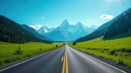 Asphalt Road Journey Through Verdant Meadows and Majestic Snow-Capped Mountains under a Brilliant Sunny Sky