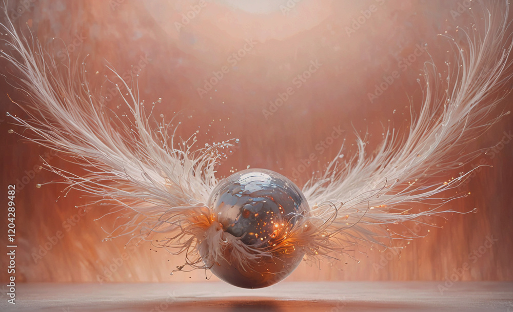 Poster A silver ball with feathers surrounding it. The feathers are in different sizes and are scattered around the ball. The image has a dreamy and surreal feel to it, as if the feathers are floating in the