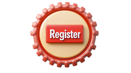 A red button with the word "Register" prominently displayed, surrounded by a circular gear-like design.