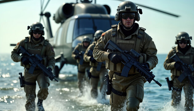 Navy SEALs deploy from hovering helicopter over water. Elite military team moves quickly through shallow water. Tactical gear, weapons visible. Professionalism, readiness in action. Maritime