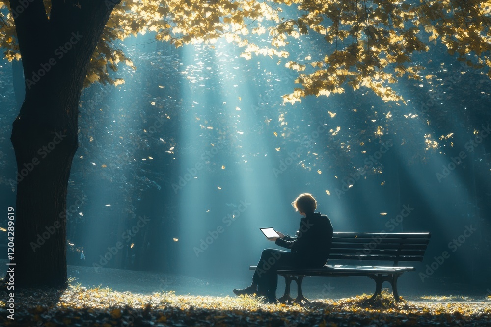 Poster person seated on a park bench using a tablet under sunlight filtering through autumn leaves. generat