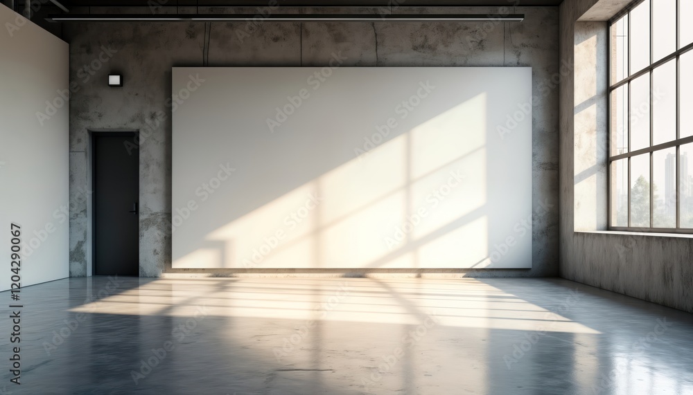 Aufkleber Industrial gallery space with blank canvas. Sunlight streams in through large window creating shadows. Empty room concrete walls, floor. Minimalist modern design. Suitable for artwork advertising.