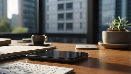 Modern Workplace Minimalism: A sleek smartphone rests on a rich wood desk alongside a notebook, coffee cup, and a small potted plant.