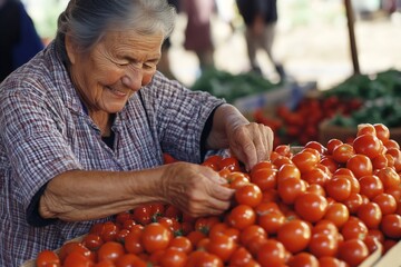 Elderly female farmer smiling while selecting tomatoes from a large batch at a farmers market