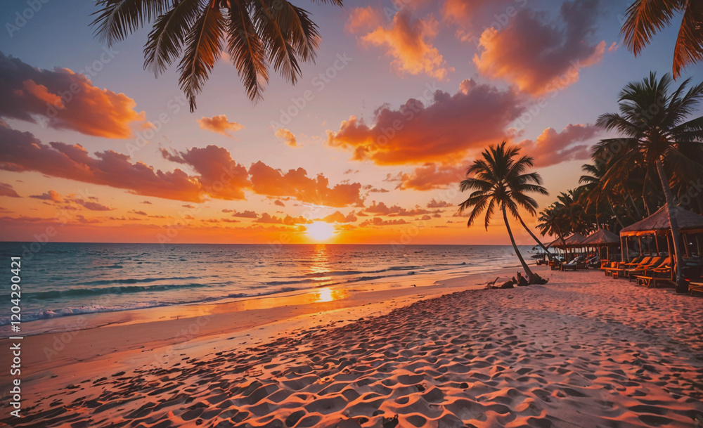 Aufkleber a beautiful beach with palm trees and a sunset in the background. the sky is filled with clouds and 