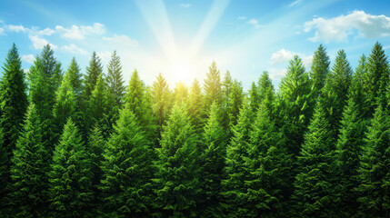 Fototapeta premium Lush forest with sunlight streaming through trees